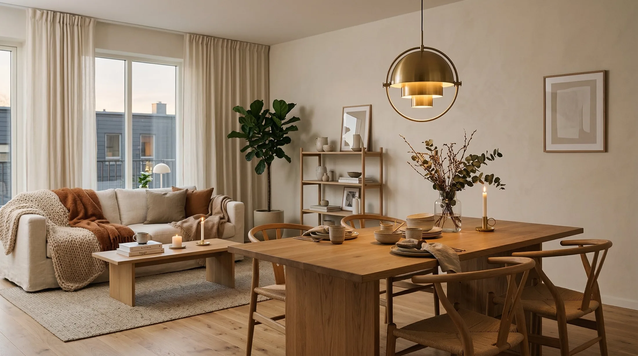 Scandinavian living room lit by a brass pendant light