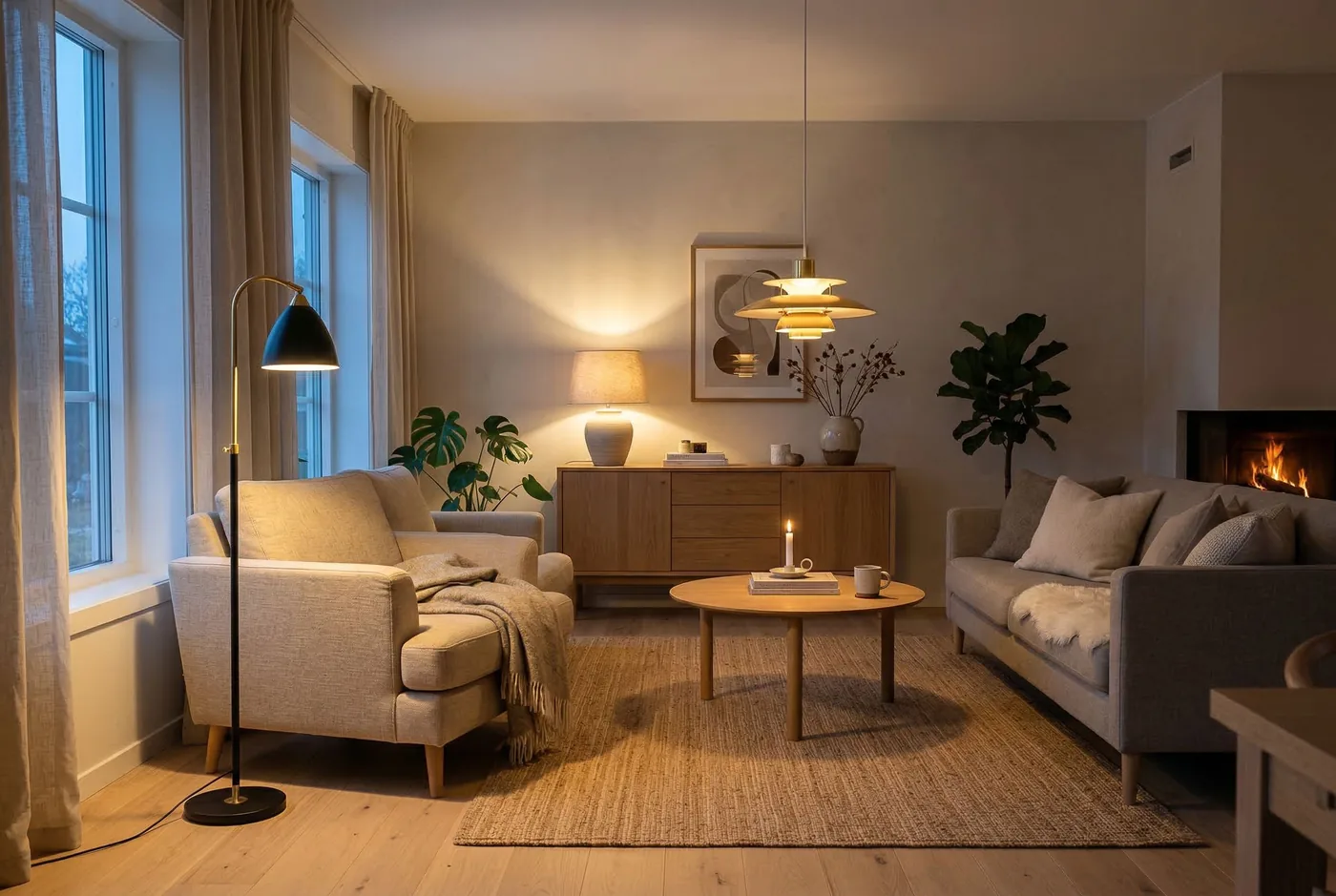 Living room lit by a floor lamp, a table lamp and a pendant