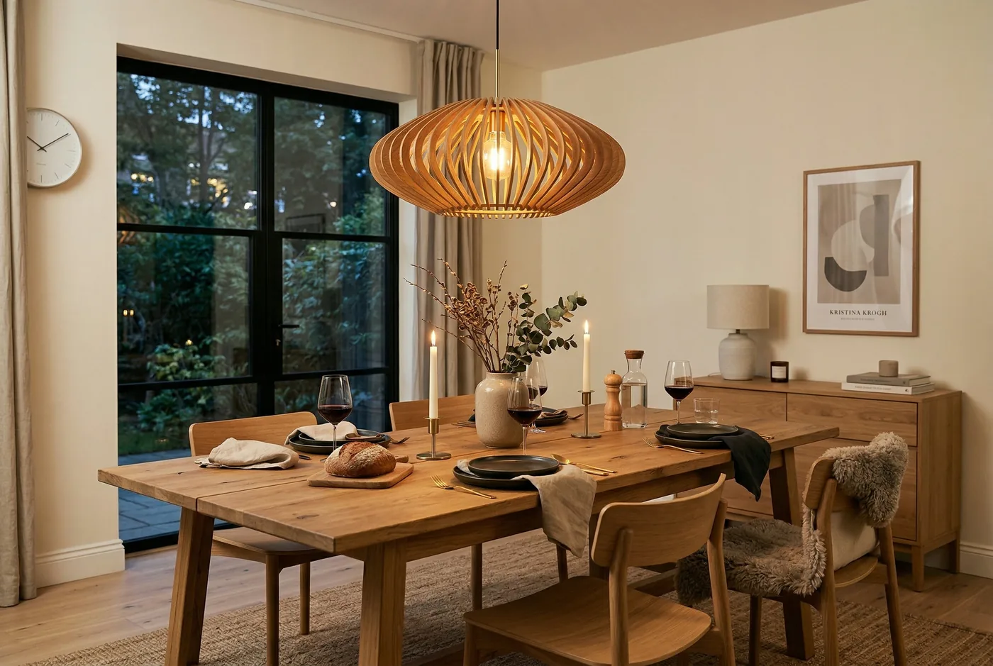 Dining room with a woven wood pendant light over the table